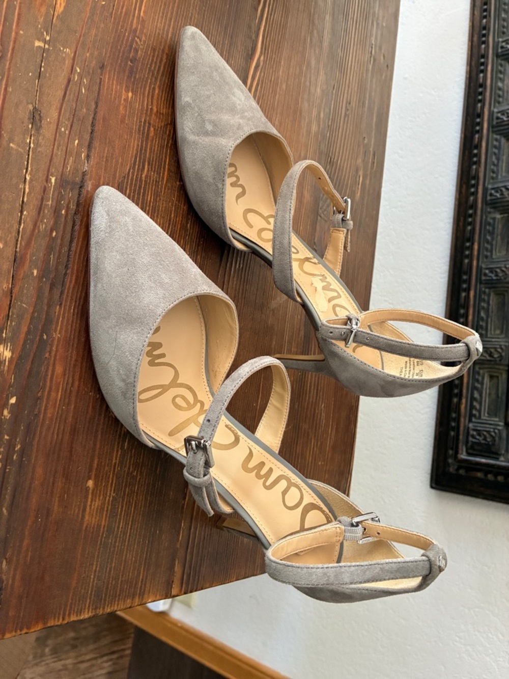 Sam Edelman Taupe Suede Pointed-Toe Ankle Strap Heels taupe grey color